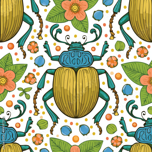 Japanese Beetle Vector Illustration with Seamless Pattern Design