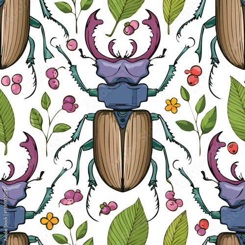 Stag Beetle Vector Illustration with Seamless Pattern Design