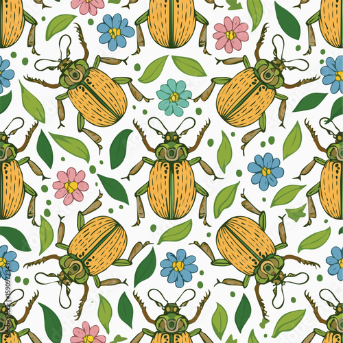 Tiger Beetle Vector Illustration with Seamless Pattern Design
