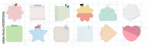 Colorful sticky notes in various shapes: star, heart, cloud. Sticky notes for reminders, lists, and notes. Perfect for organizing and planning. Cute memo element set. Vectors.