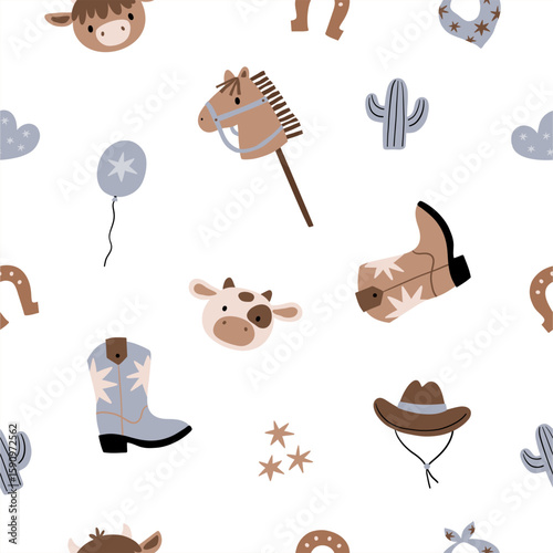 Заголовок: Cute Baby Cowboy accessories set. Western boots, shoes, hat, plants, animals.. American country fashion fo little kids. Flat style vector illustration. Baby Shower Cowboy seamless pattern
