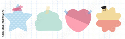 Four pastel-colored sticky notes in various shapes: arrow, flower, cloud, star. Sticky notes for reminders. Cute sticky notes for office or home use. Cute memo element set. Vectors.