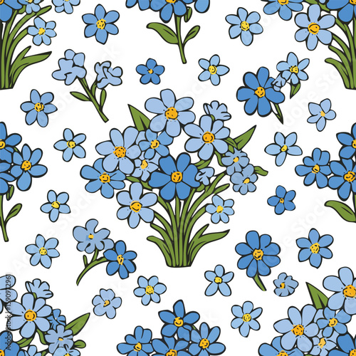 Forget-Me-Not Vector Illustration with Seamless Pattern Design