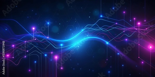 Abstract glowing lines and dots create a futuristic data stream.