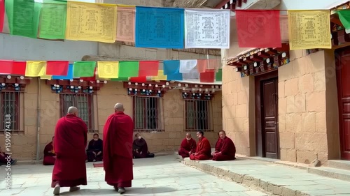 Tibetan Monks Gathering in Courtyard with Prayer Flags at a Buddhist Monastery
