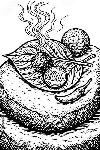 "Traditional Offering on Stone – Blackwork Line Art"