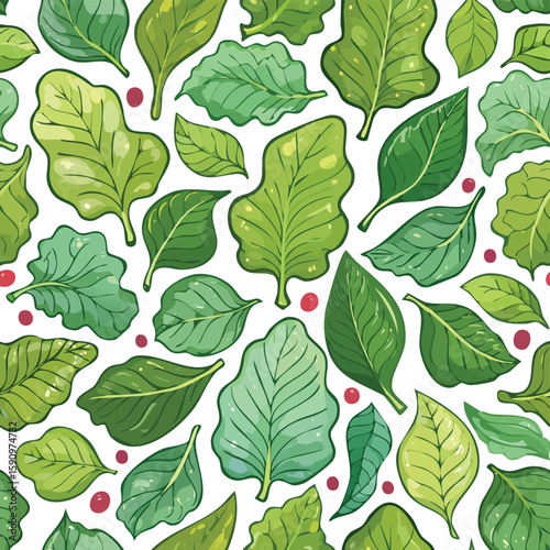 Collard Greens Vector Illustration with Seamless Pattern Design