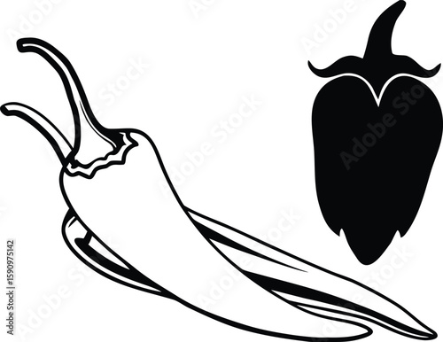 chili peppers illustration, chili peppers clip art vector, black and white vector design.