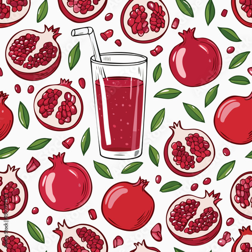 Pomegranate Juice Vector Illustration with Seamless Pattern Design