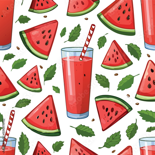 Watermelon-Mint Juice Vector Illustration with Seamless Pattern Design
