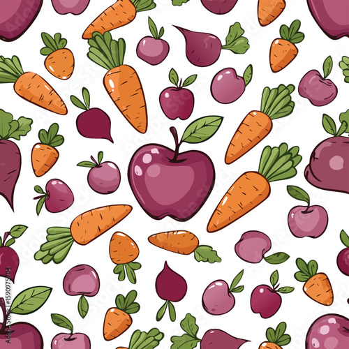 Apple-Beetroot-Carrot  Vector Illustration with Seamless Pattern Design