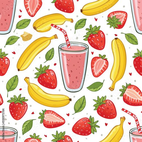 Strawberry-Banana Smoothie Vector Illustration with Seamless Pattern Design