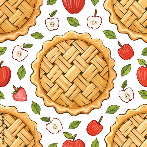 Apple Pie Vector Illustration with Seamless Pattern Design