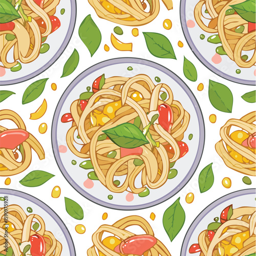 Pad Thai Vector Illustration with Seamless Pattern Design