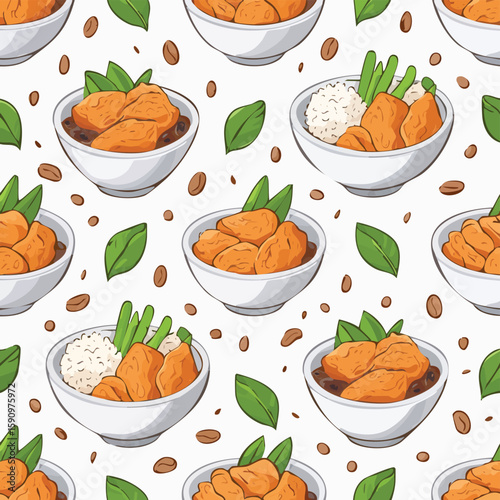 Chicken Teriyaki Vector Illustration with Seamless Pattern Design