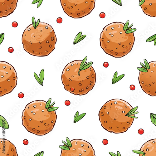 Meatballs Vector Illustration with Seamless Pattern Design
