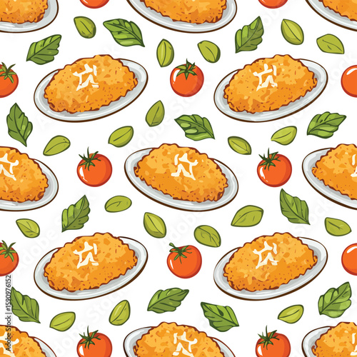 Chicken Parmesan Vector Illustration with Seamless Pattern Design