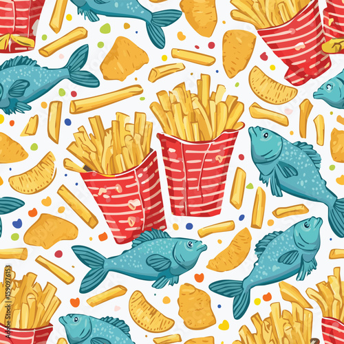 Fish and Chips Vector Illustration with Seamless Pattern Design