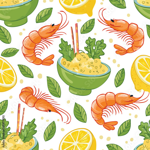 Shrimp Cocktail Vector Illustration with Seamless Pattern Design