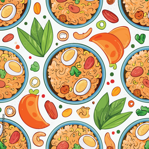 Kimchi Fried Rice Vector Illustration with Seamless Pattern Design