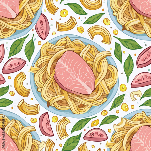 Tuna Pasta Vector Illustration with Seamless Pattern Design
