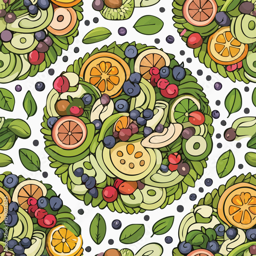 Fruit Salad Vector Illustration with Seamless Pattern Design