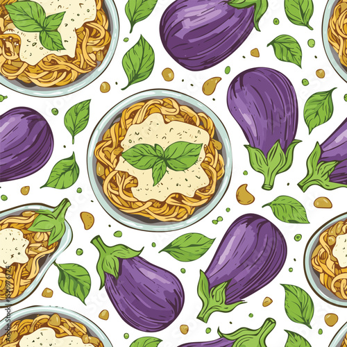 Eggplant Parmesan Vector Illustration with Seamless Pattern Design
