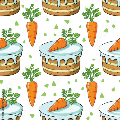 Carrot Cake Vector Illustration with Seamless Pattern Design