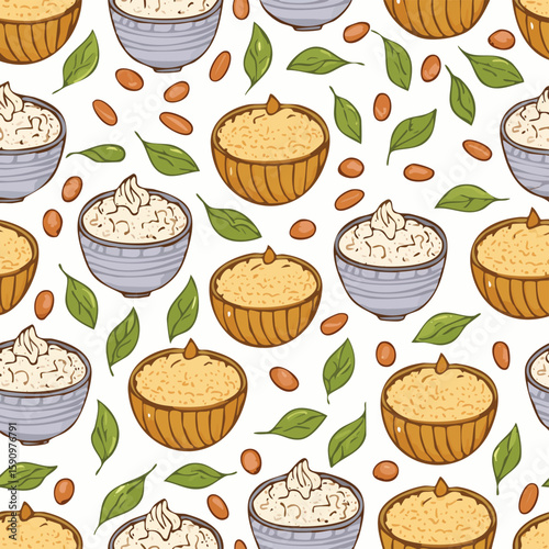 Rice Pudding Vector Illustration with Seamless Pattern Design
