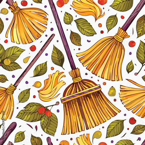 broom Vector Illustration with Seamless Pattern Design