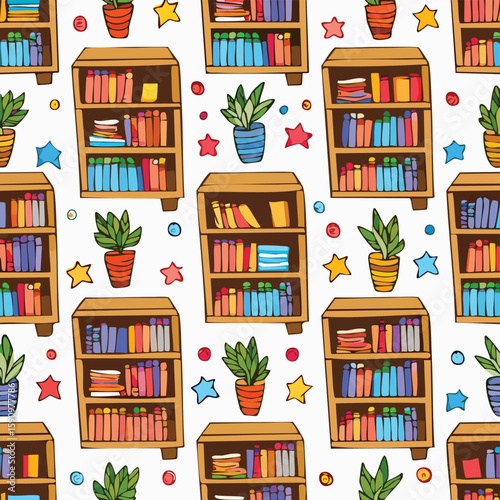bookcase Vector Illustration with Seamless Pattern Design