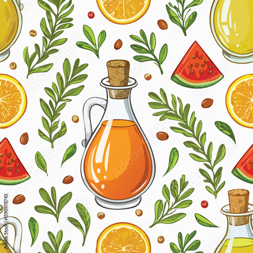 vinegar bottle Vector Illustration with Seamless Pattern Design
