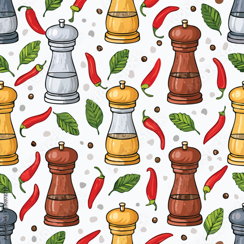 pepper grinder Vector Illustration with Seamless Pattern Design