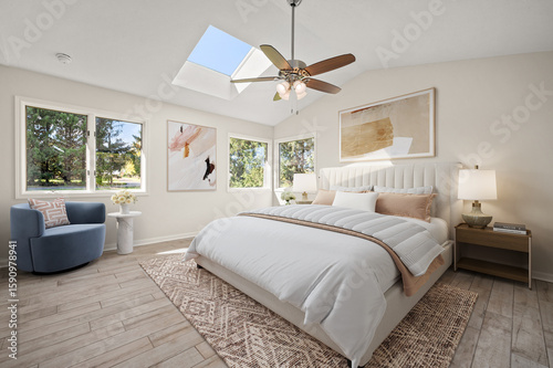 Modern staged bedroom with clean design and natural lighting
