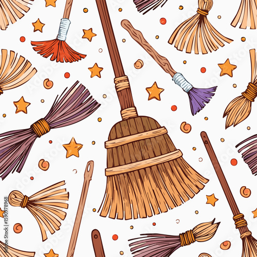 Hand broom Vector Illustration with Seamless Pattern Design