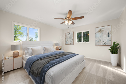 Modern staged bedroom with clean design and natural lighting