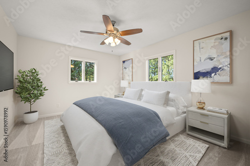 Modern staged bedroom with clean design and natural lighting