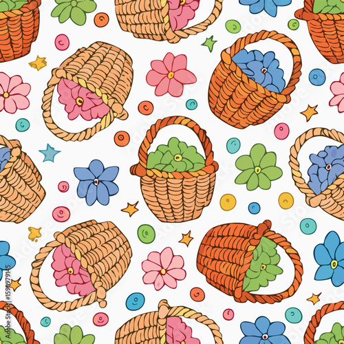Wicker basket Vector Illustration with Seamless Pattern Design