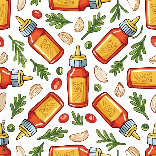 Condiment bottle Vector Illustration with Seamless Pattern Design