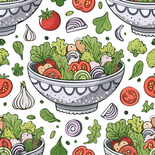 Salad bowl Vector Illustration with Seamless Pattern Design
