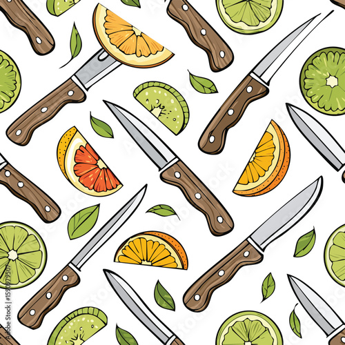 Fruit knife Vector Illustration with Seamless Pattern Design