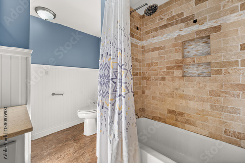 Modern bathroom with clean lines, neutral tones, and stylish fixtures