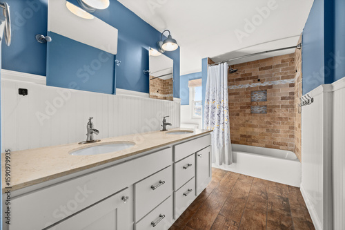 Modern bathroom with clean lines, neutral tones, and stylish fixtures