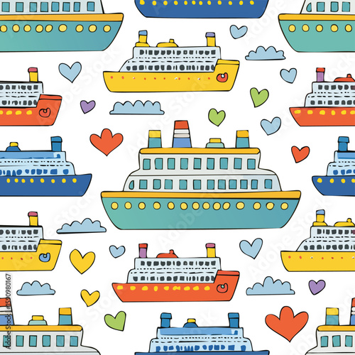 Cruise ship Vector Illustration with Seamless Pattern Design