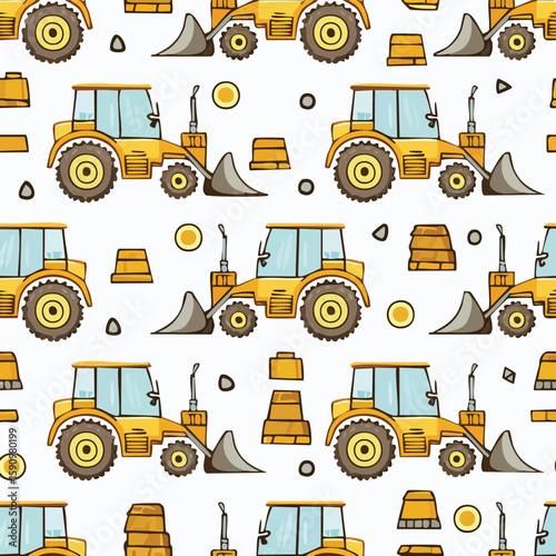 Bulldozer Vector Illustration with Seamless Pattern Design