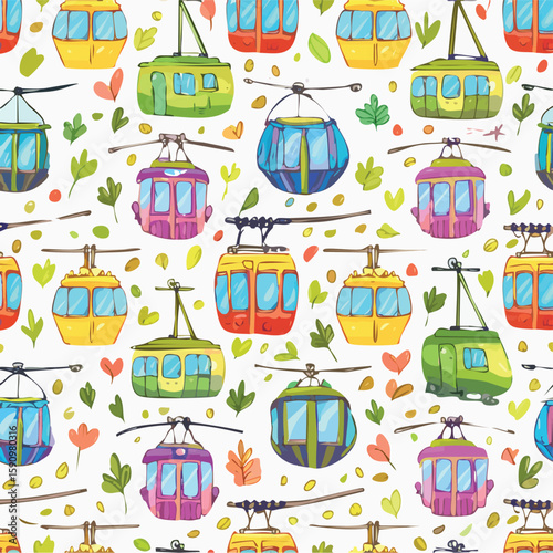Cable car Vector Illustration with Seamless Pattern Design