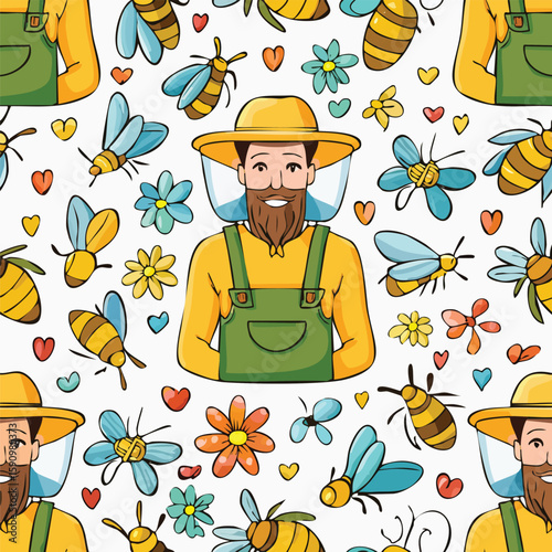 Beekeeper Vector Illustration with Seamless Pattern Design