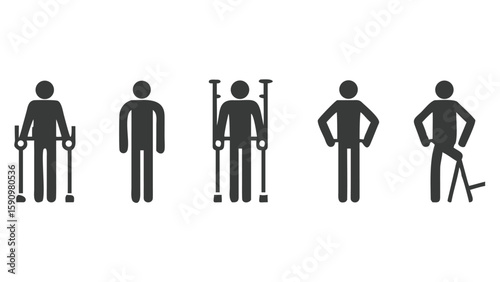 Disability Icons Illustrate Mobility Assistance with Walking Aids and Support Devices for Individuals with Physical Impairments or Rehabilitation Needs