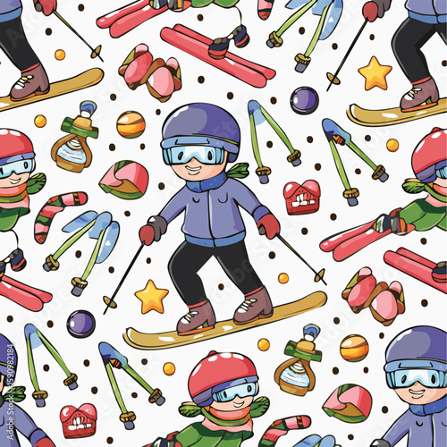 Ski instructor Vector Illustration with Seamless Pattern Design