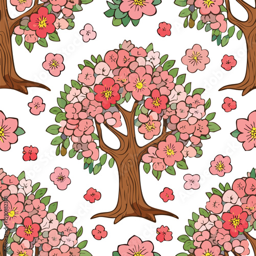 Cherry Blossom Tree Vector Illustration with Seamless Pattern Design